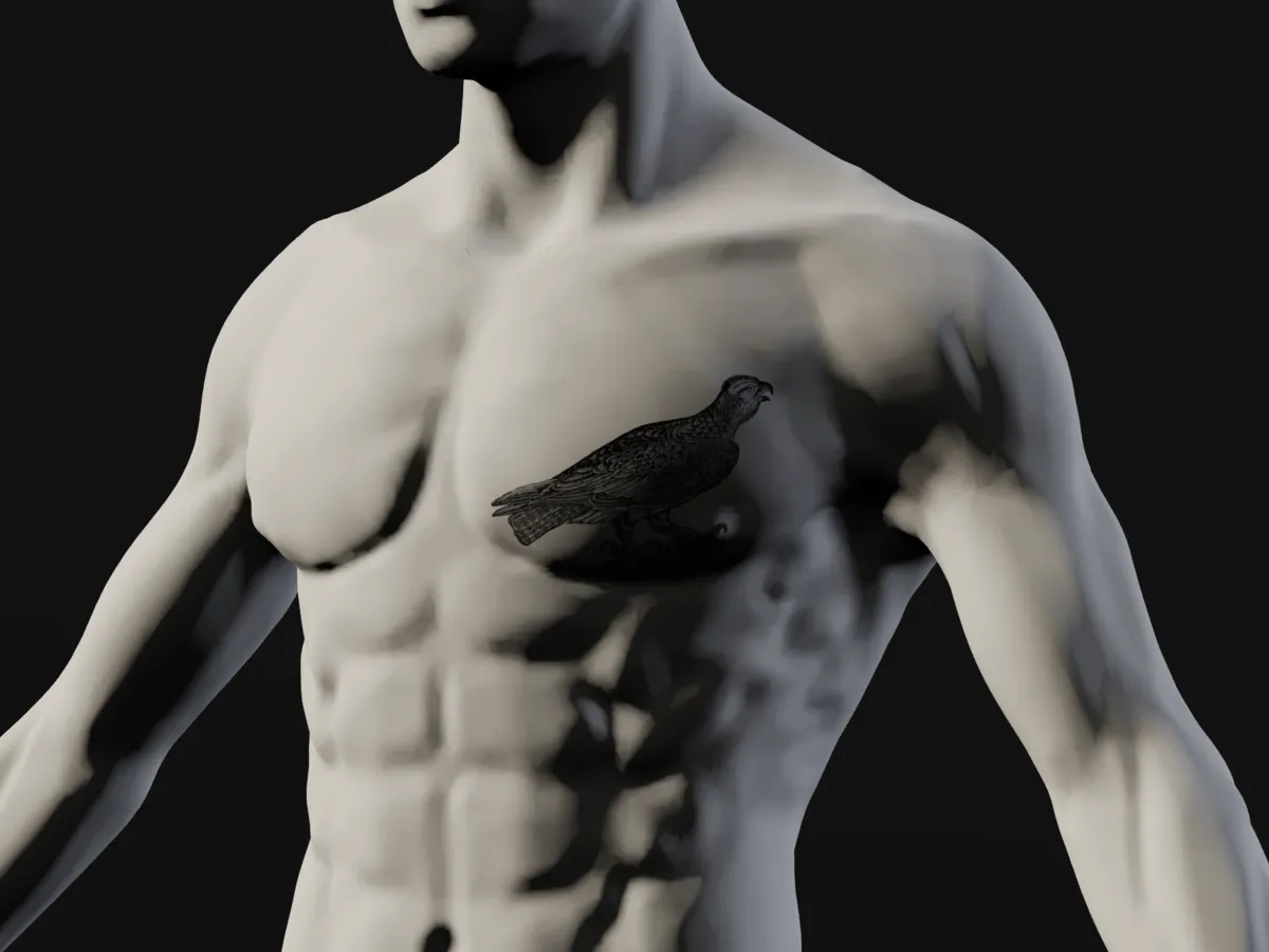 A 15 cm eagle woodcut on the left side of the chest of a plaster cast