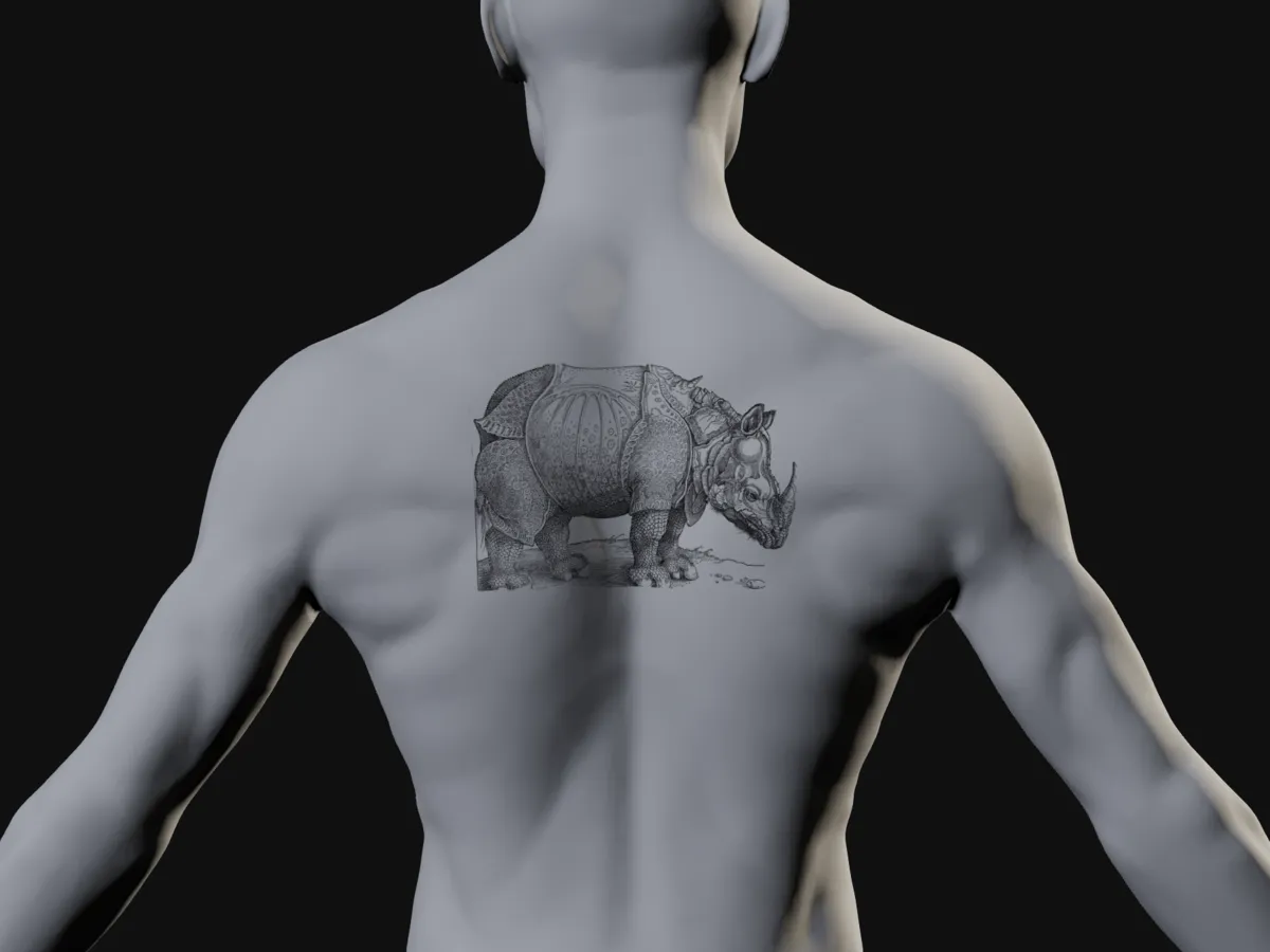 A 20 cm rhinoceros woodcut centred on the upper back of a plaster cast, seen from behind