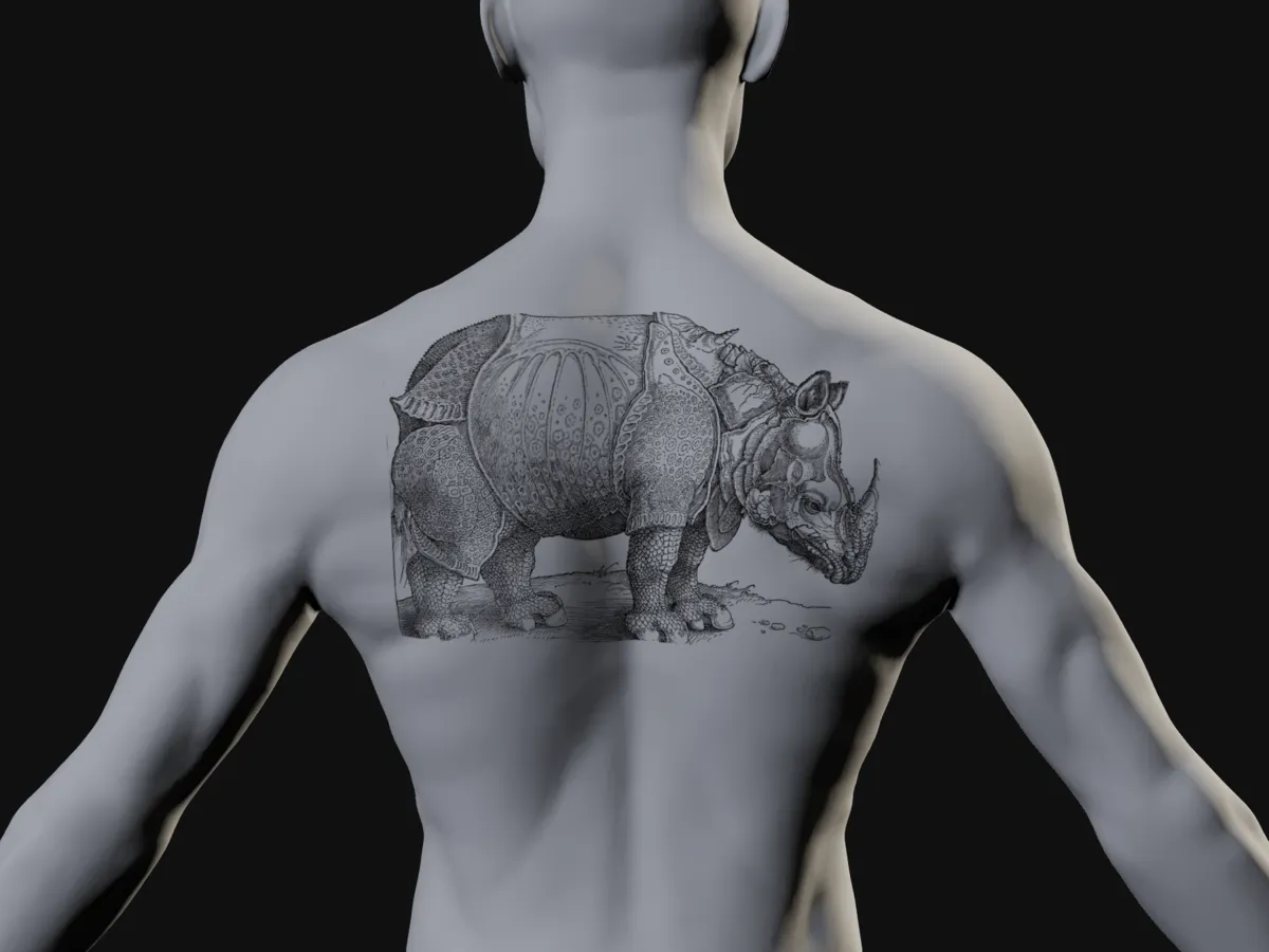 The same rhinoceros woodcut at 30 cm on the upper back of the same plaster cast, seen from behind