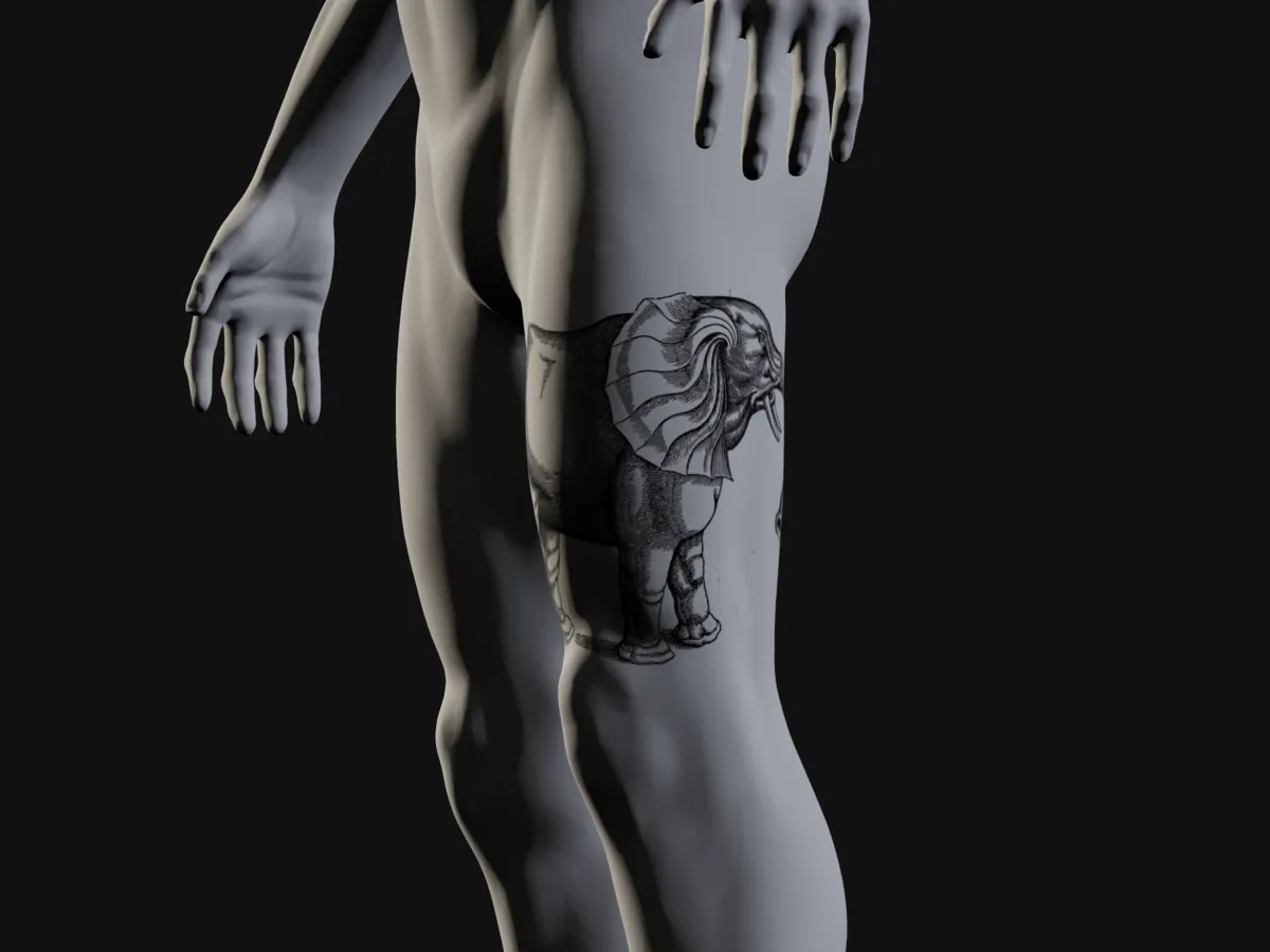A 30 cm elephant woodcut on the outer thigh of a plaster cast, running most of the way from hip to knee