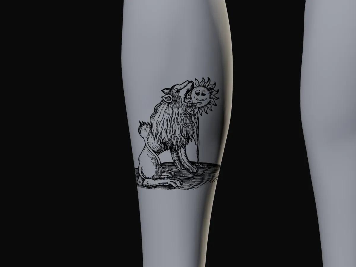 A 12 cm lion and sun woodcut on the back of the calf of a plaster figure, seen square on