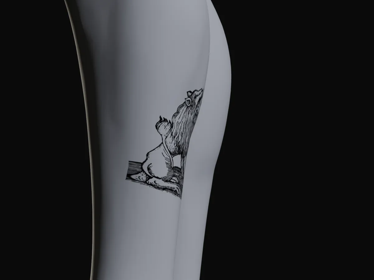 The same 12 cm lion and sun woodcut on the back of the calf seen from the side, showing how it wraps