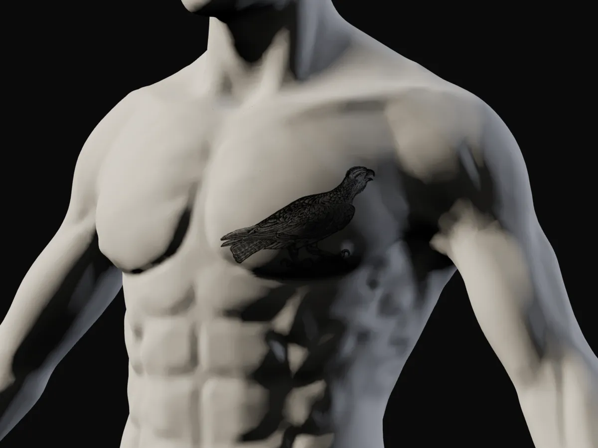 A 15 cm eagle woodcut on the left side of the chest of a plaster figure, seen square on