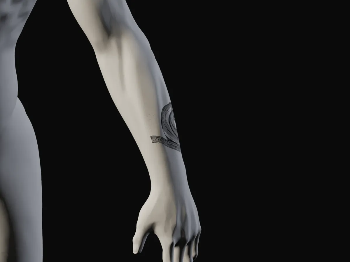 The same 15 cm serpent woodcut on the outer forearm seen from the side, showing how it wraps