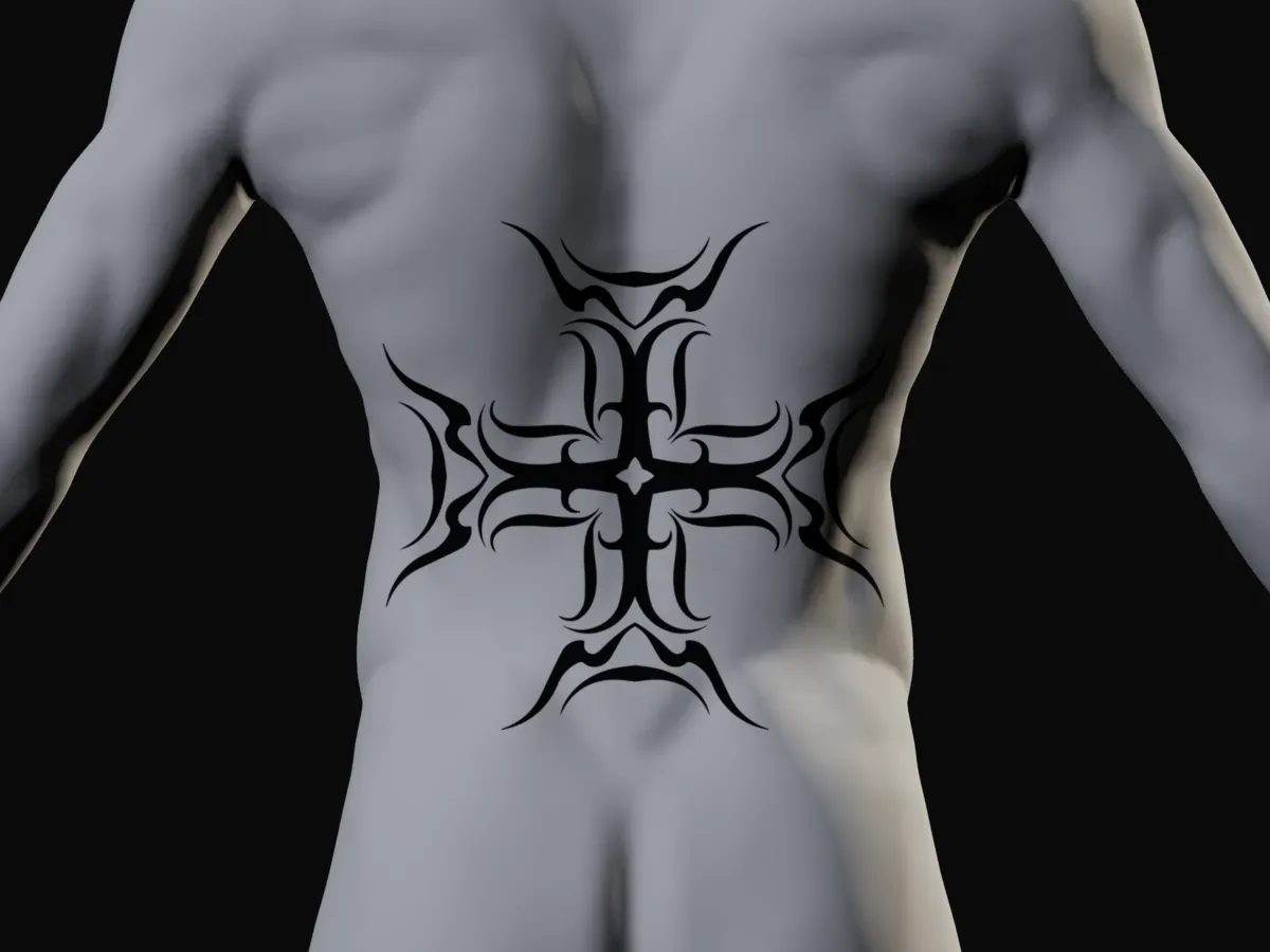 A 25 cm black cross design running down the spine of a plaster figure, seen from behind