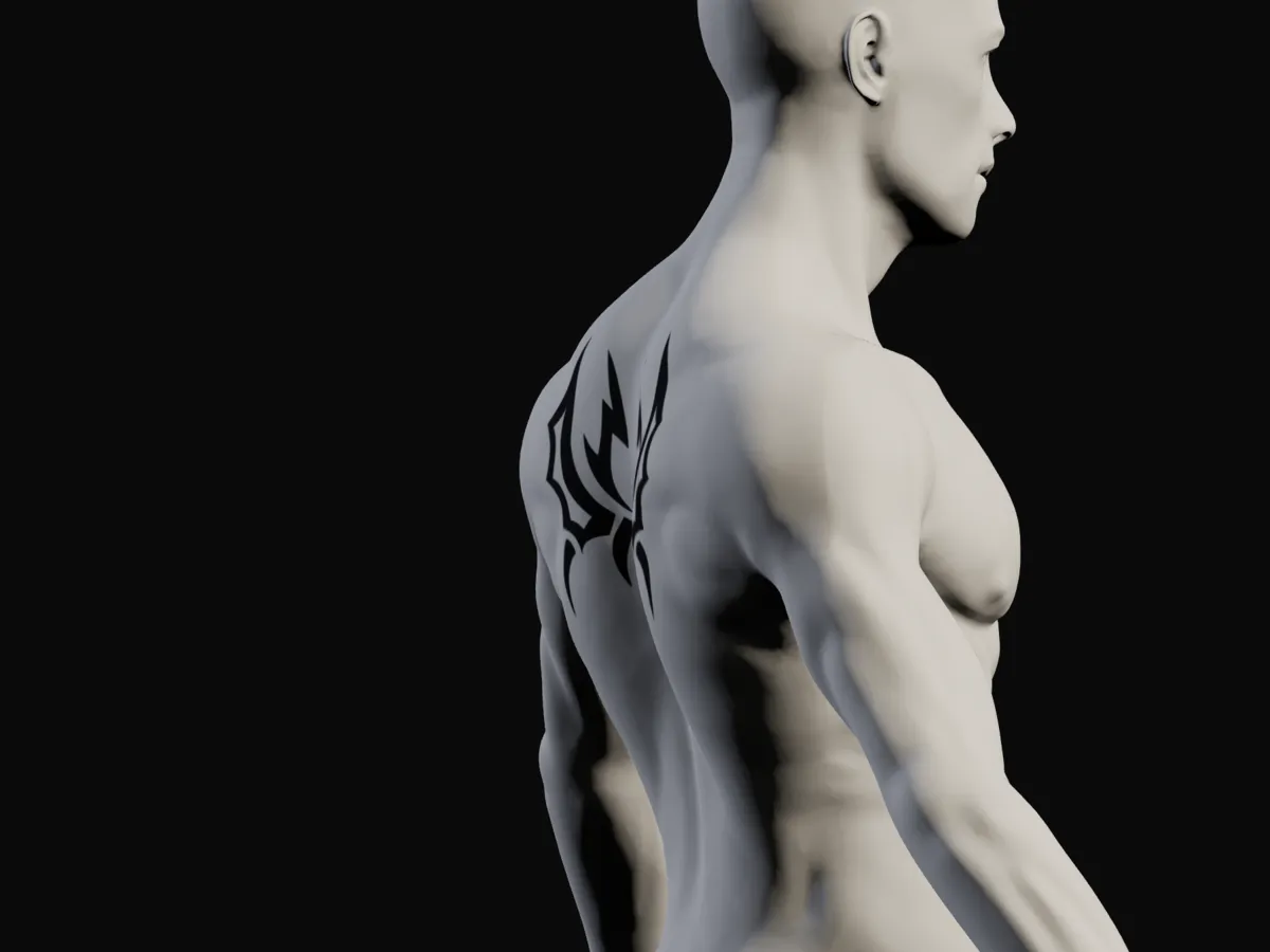 As mesmas asas de 22 cm em cibersigilismo nas costas de um corpo de gesso, vistas de lado, contornando o ombro